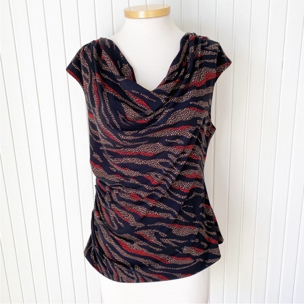 TravelSmith Top Black Tan & Red Animal Print Tank Blouse Size Large Petite